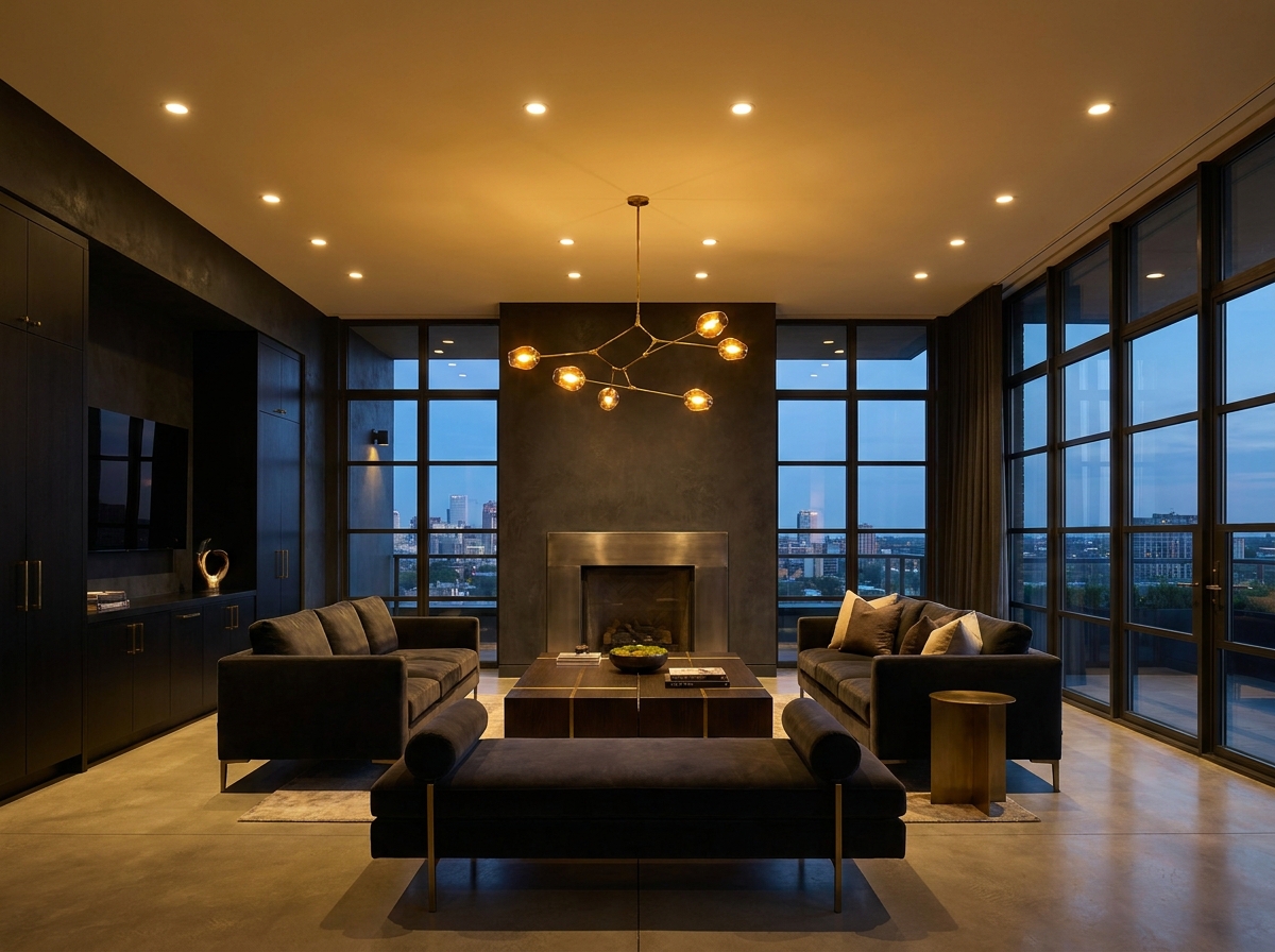 Modern living room with warm pot lights and a statement chandelier at dusk